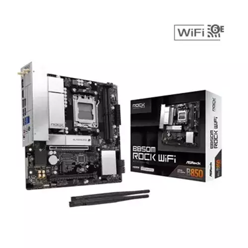ASRock B850M Rock WiFi AMD AM5 Socket Motherboard Micro-ATX 2x DDR5 Slots 2x M.2 Sockets Fitted I/O Shield 2.5GbE LAN Wi-Fi 6E 1x DisplayPort / 1x HDMI Port