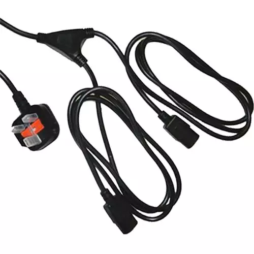 Cablenet 2.5m UK (13 Amp) - 2 x IEC C13 0.5m Legs Black PVC Power Leads. Cable length: 2.5 m Connector 1: Power plug type G Connector 2: 2 x C13 coupler