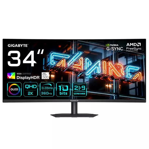 GIGABYTE MO34WQC36 34 WQHD Curved Gaming Monitor - 3440 x 1440 360Hz 0.03ms KVM 300 cd/m FreeSync Premium Pro DisplayHDR True Black 500 HDMI 2.1 Displayport 2.1