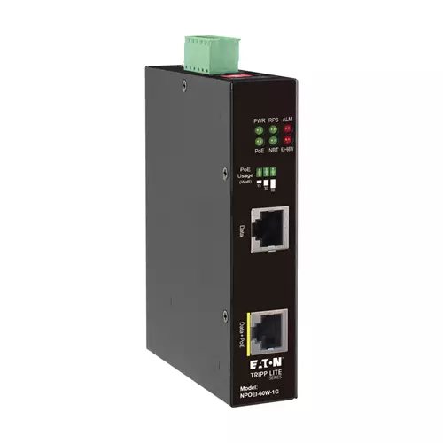 Tripp Lite NPOEI-60W-1G Industrial Gigabit Ethernet PoE injector 60W PoE++ 802.3bt Midspan -40 to +75 IP30 housing Dual 24-57VDC DIN rail 1 Port