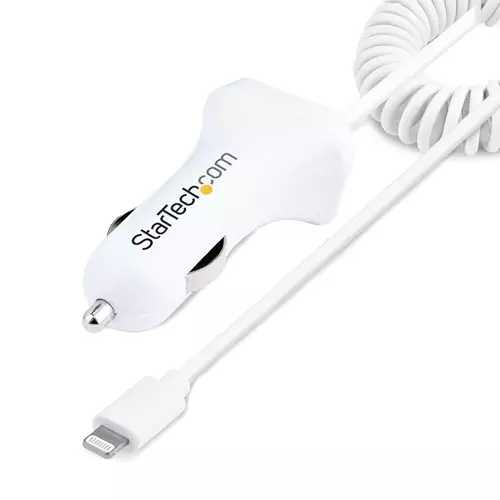 StarTech.com Lightning Car Charger with Coiled Cable 1m Coiled Lightning Cable 12W White 2 Port USB Car Charger Adapter for Phones and Tablets Dual Device In Car iPhone Charger Auto Cigar lighter 5 V 1 m White