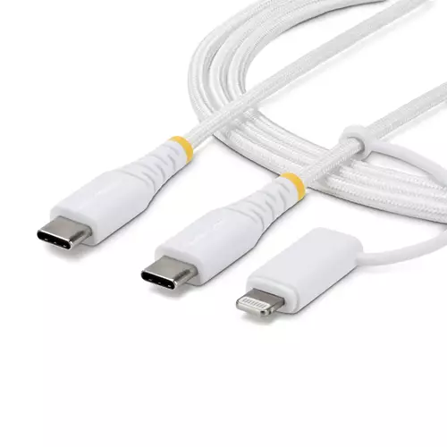 StarTech.com 1m (3ft) 2-in-1 Rugged USB-C Charging Cable with Lightning Adapter 30W/60W (3A) Apple MFi Certified Braided USB C Charger Cord for iPhone/iPad/Android