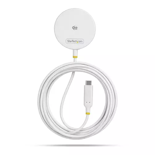StarTech.com Qi2.2 Certified 25W Magnetic Wireless Charging Pad with 6.6ft (2m) USB-C Tethered Cable MagSafe Compatible for iPhone 17/16 Pro/Pro Max White