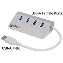 Aluminium, White | Manhattan USBA 4Port Hub, 4x USBA Ports, 5 Gbps (USB 3.2 Gen1 aka USB