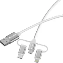 Verbatim Essentials 3-in-1 Sync & Charge Cable. Cable length: 1 m. Connector 1: USB A, Connector 2: 2 x USB C/Micro USB-B/Lightning, USB version: USB 2.0, Maximum data transfer rate: 0.48 Gbit/s, Product colour: White