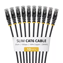 Cables | StarTech.com 25cm Black Slim CAT6 Cable, 10 Pack, Snagless, 100W PoE,