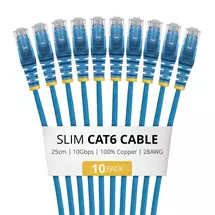 Cables | StarTech.com 25cm Blue Slim CAT6 Cable, 10 Pack, Snagless, 100W PoE,