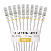 Cables | StarTech.com 25cm Gray Slim CAT6 Cable, 10 Pack, Snagless, 100W PoE,